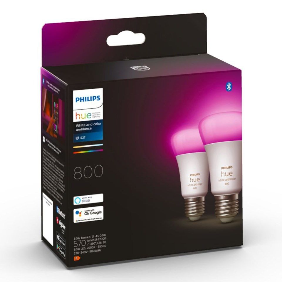 Philips Hue Color Ambiance Smart LED-pære E27 806 lm 2-pk
