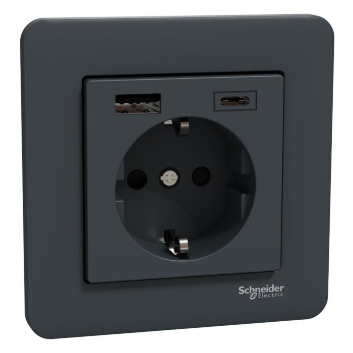 Schneider Electric Exxact Jordat vägguttag med USB-portar Svart