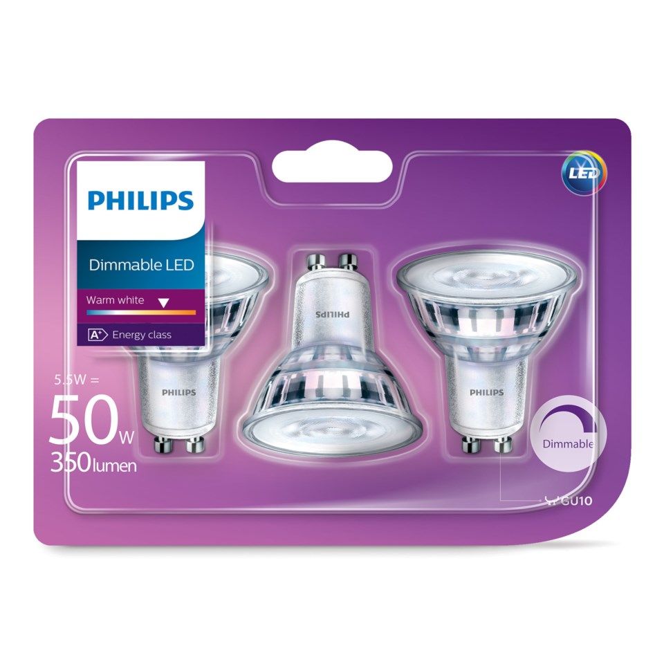 Philips LED-pære GU10 345 lm 3-pk.