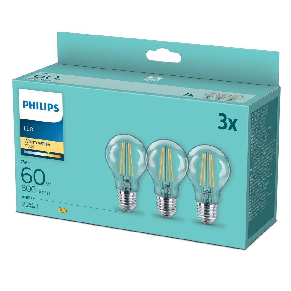 Philips LED-pære E27 806 lm 3-pk.