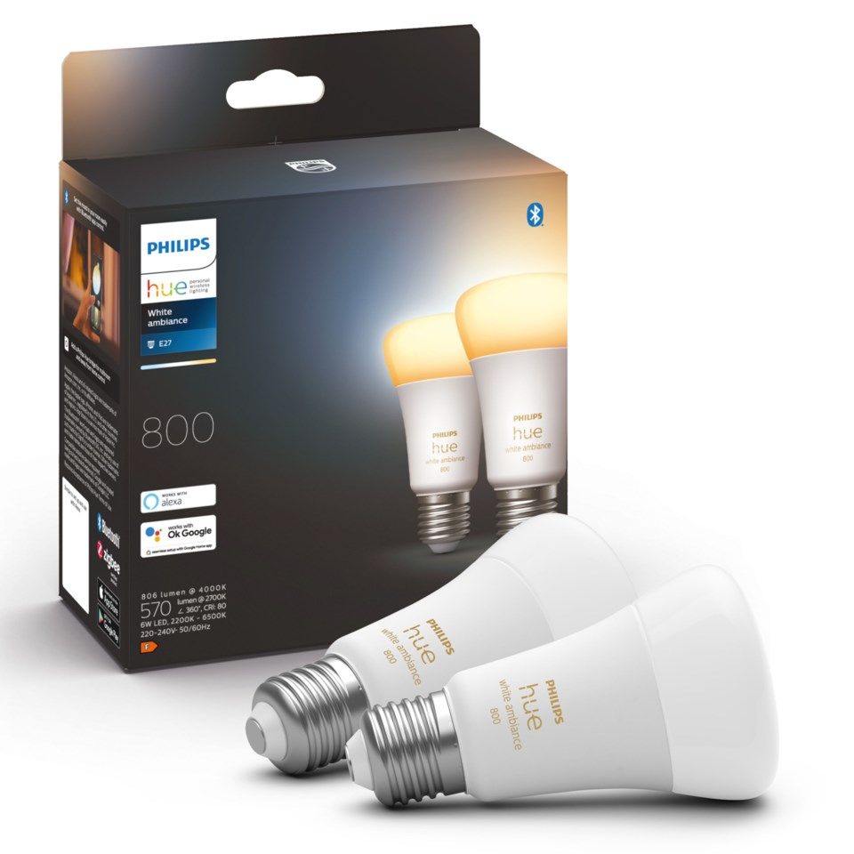 Philips Hue White Ambiance E27 Smart LED-lampa 800 lm 2-pack