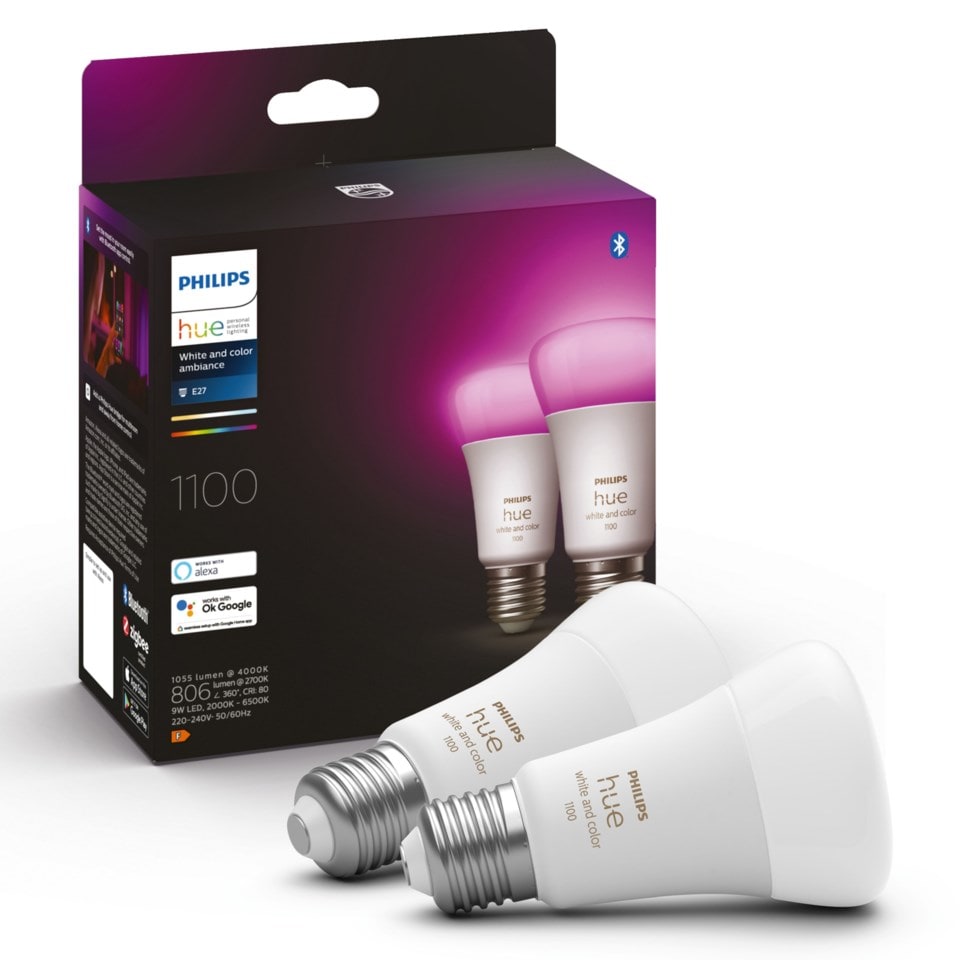 Philips Hue Color Ambiance Smart LED-pære E27 1100 lm 2-pk.