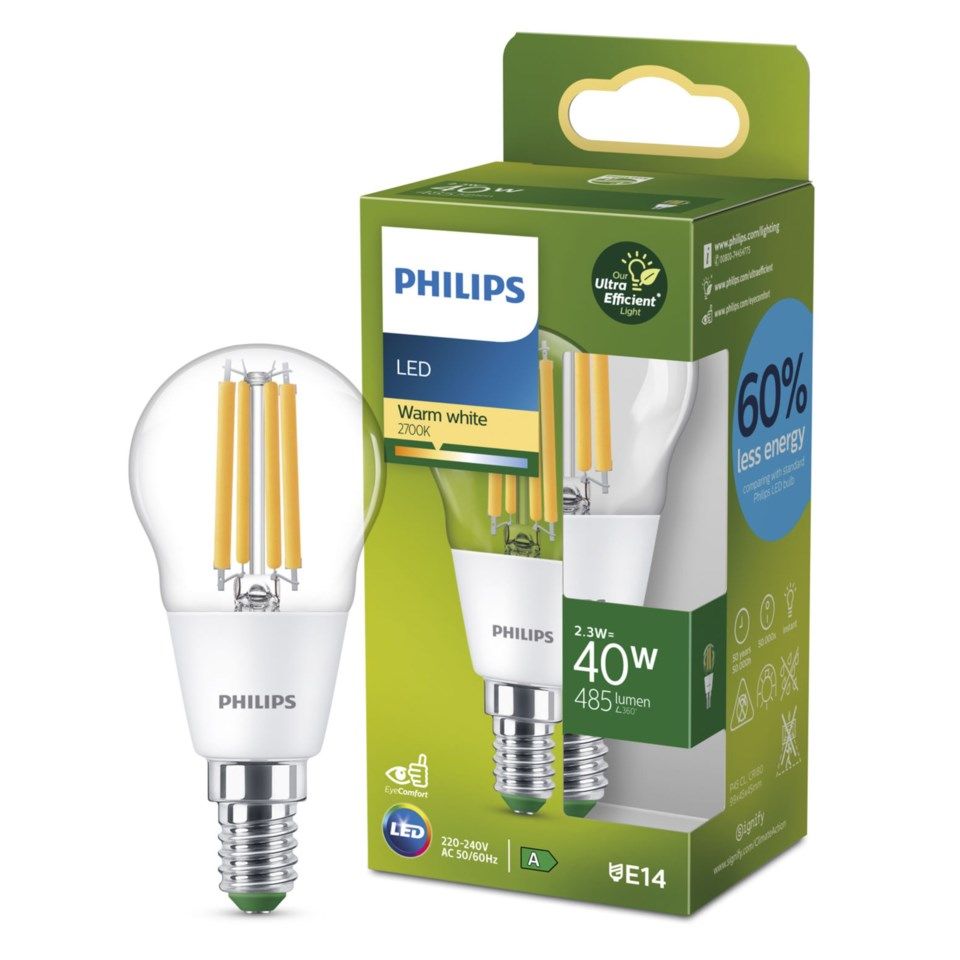 Philips Ultra Efficient E14 Kuleformet LED-pære 485 lm