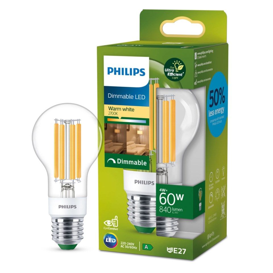 Philips Ultra Efficient E27 Dimbar LED-pære 840 lm