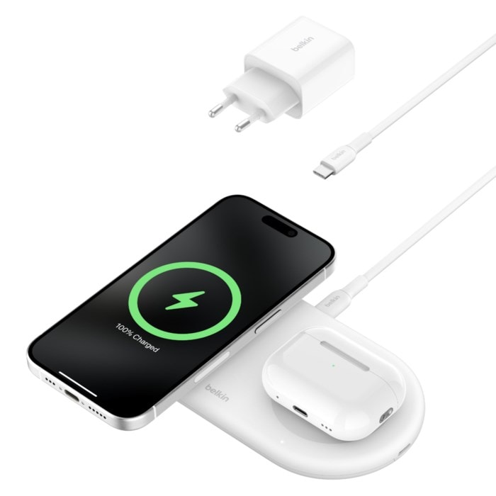 Belkin BoostCharge Pro 2-in-1 med Qi2 15 W Vit