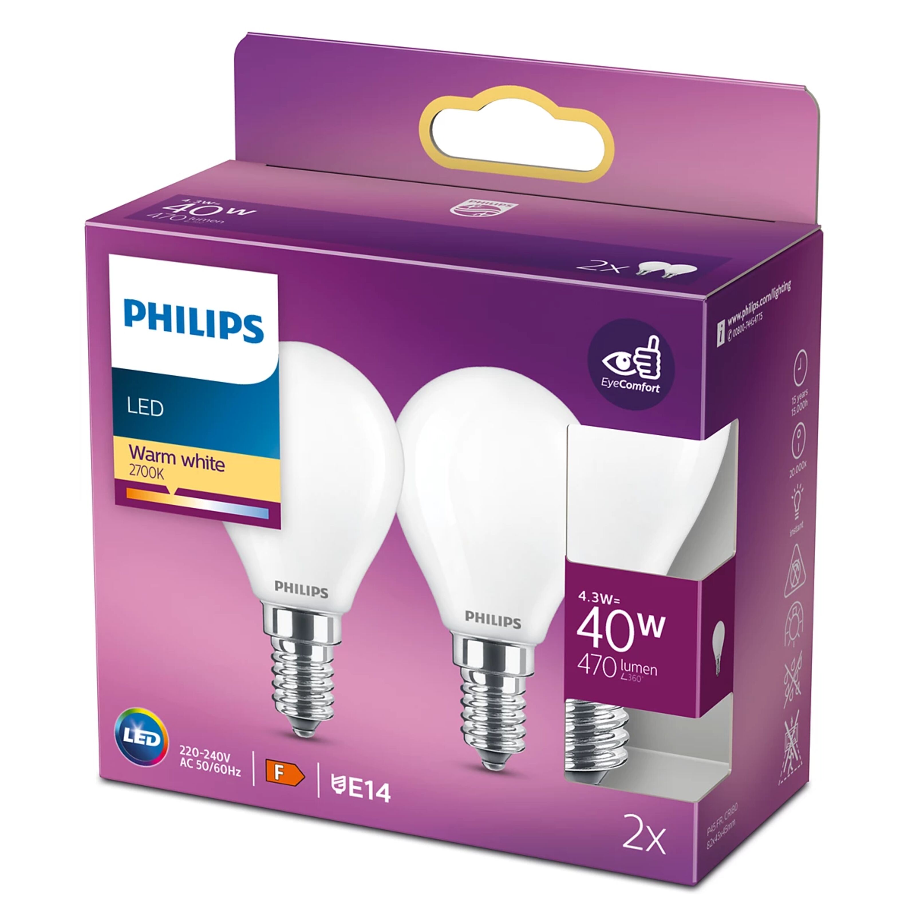 Philips Philips Kuleformet frostet LED-pære E14 470 lm 2-pk.
