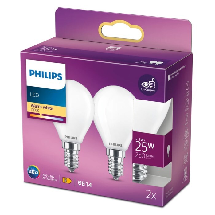 Bilde av LED-lyspære Classic Mini-ball 2,2W/827 (25W) Frosted 2-pack E14