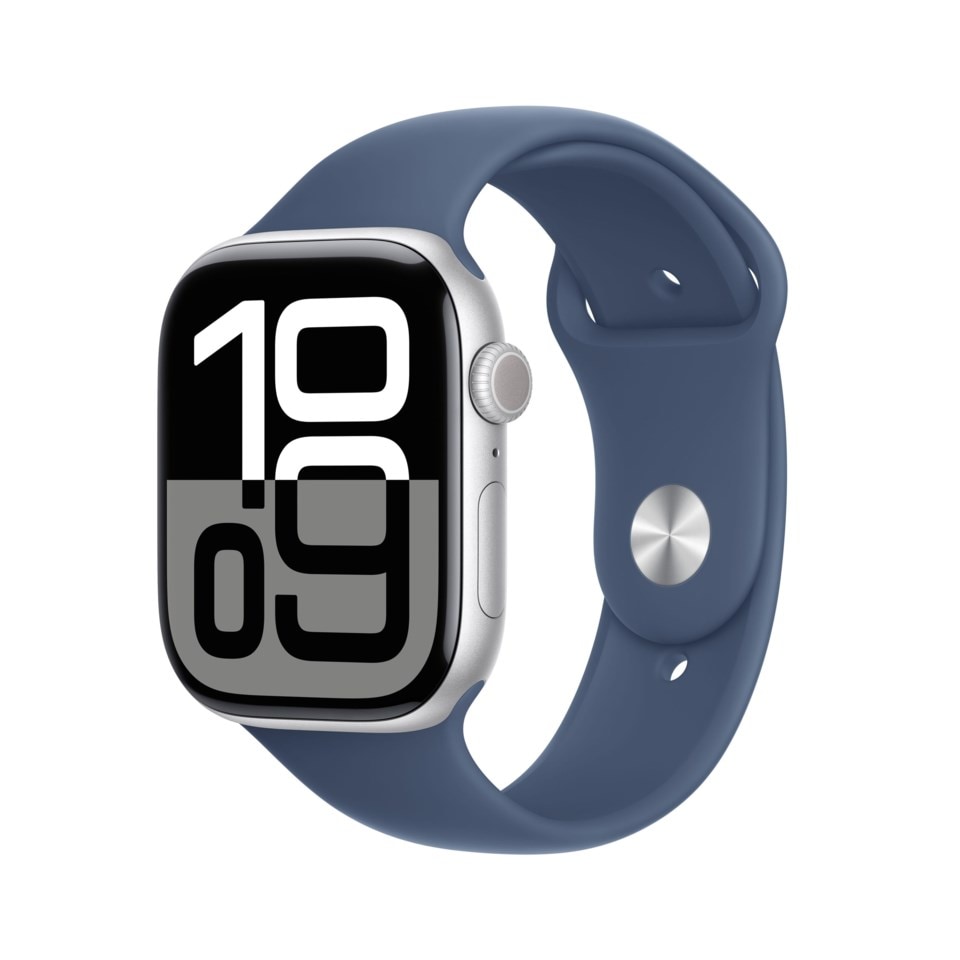 Apple Watch Series 10 GPS 46 mm Silver Case med Denim Sport band S/M