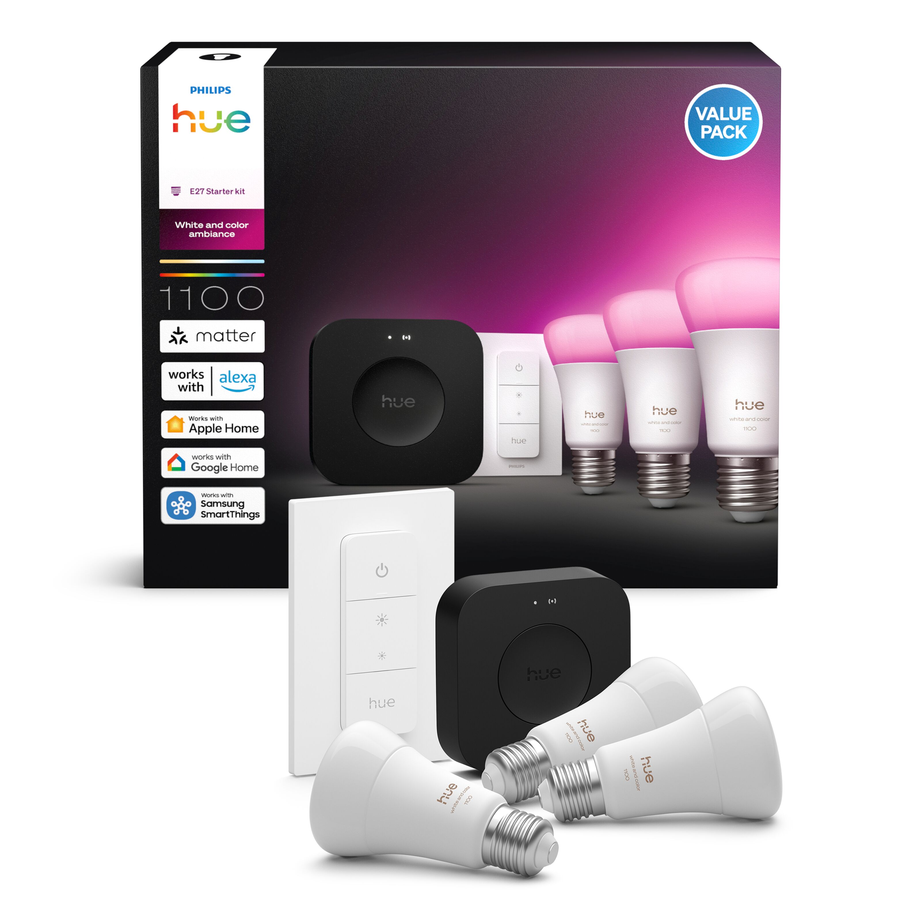 Philips Hue Startpaket Pro: 3x White & Color E27 + Dimmer + Bridge Pro