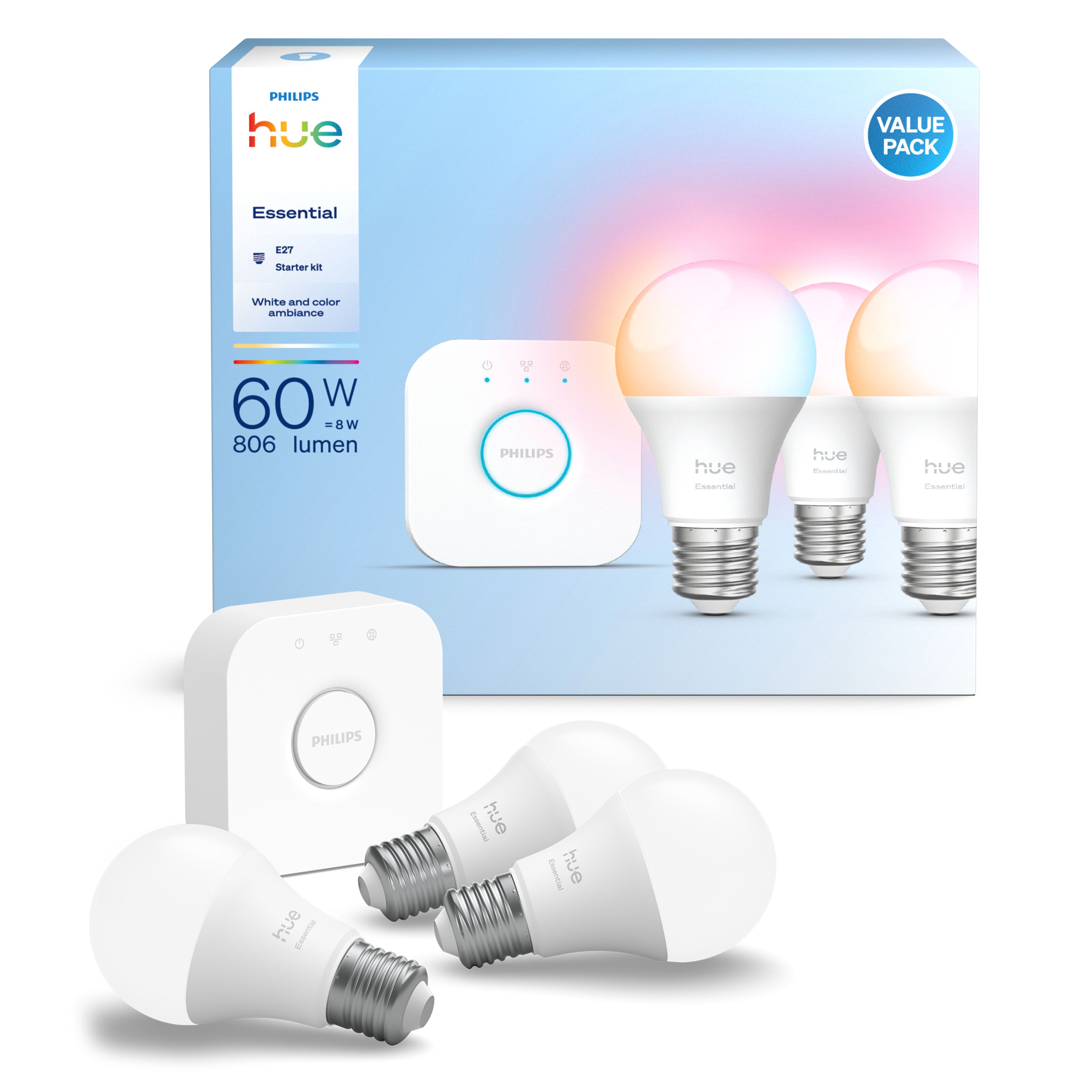 Philips Hue Startpaket Essential: 3x White & Color E27 + Bridge