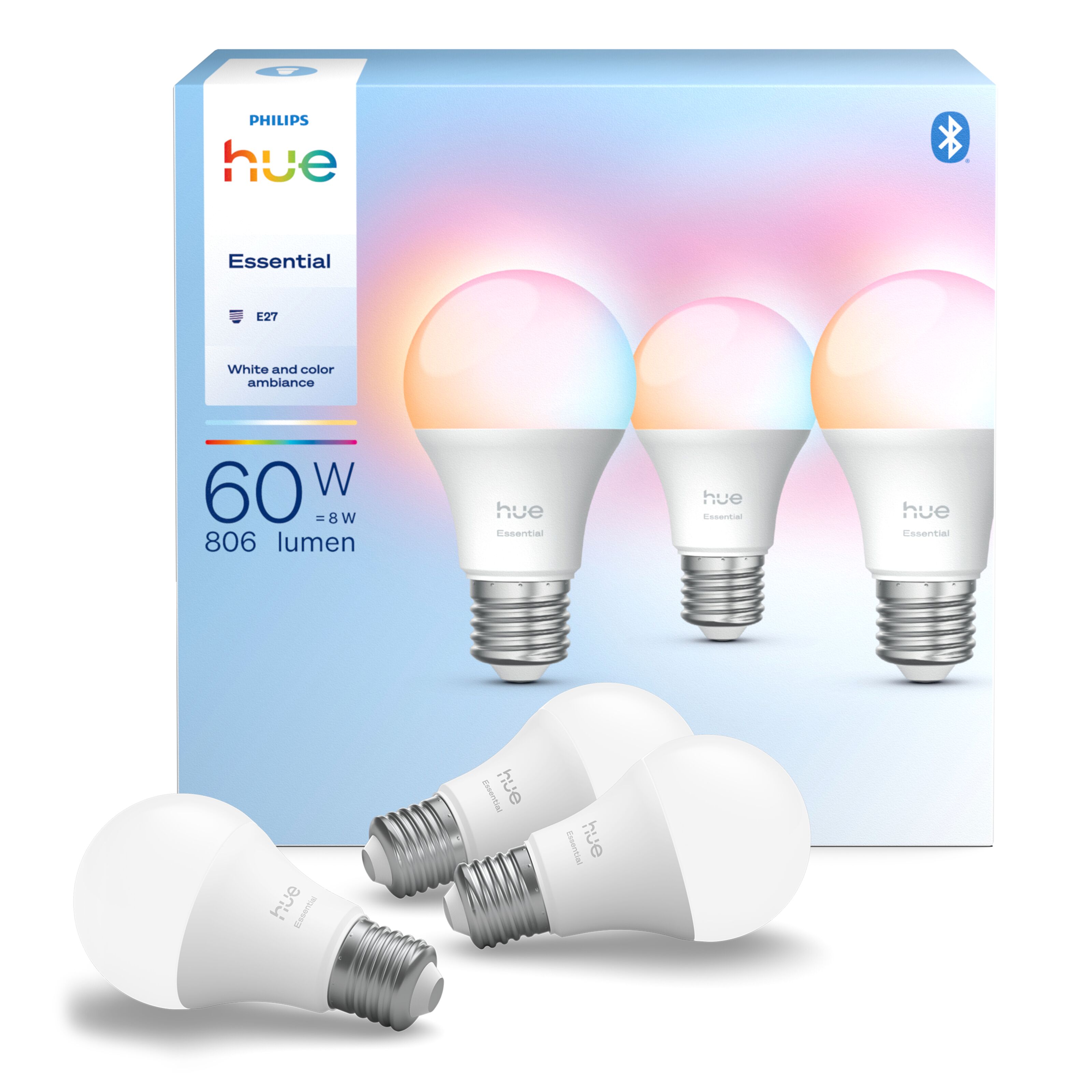 Philips Hue Essential Smart LED-pære E27 806 lm 3-pk.